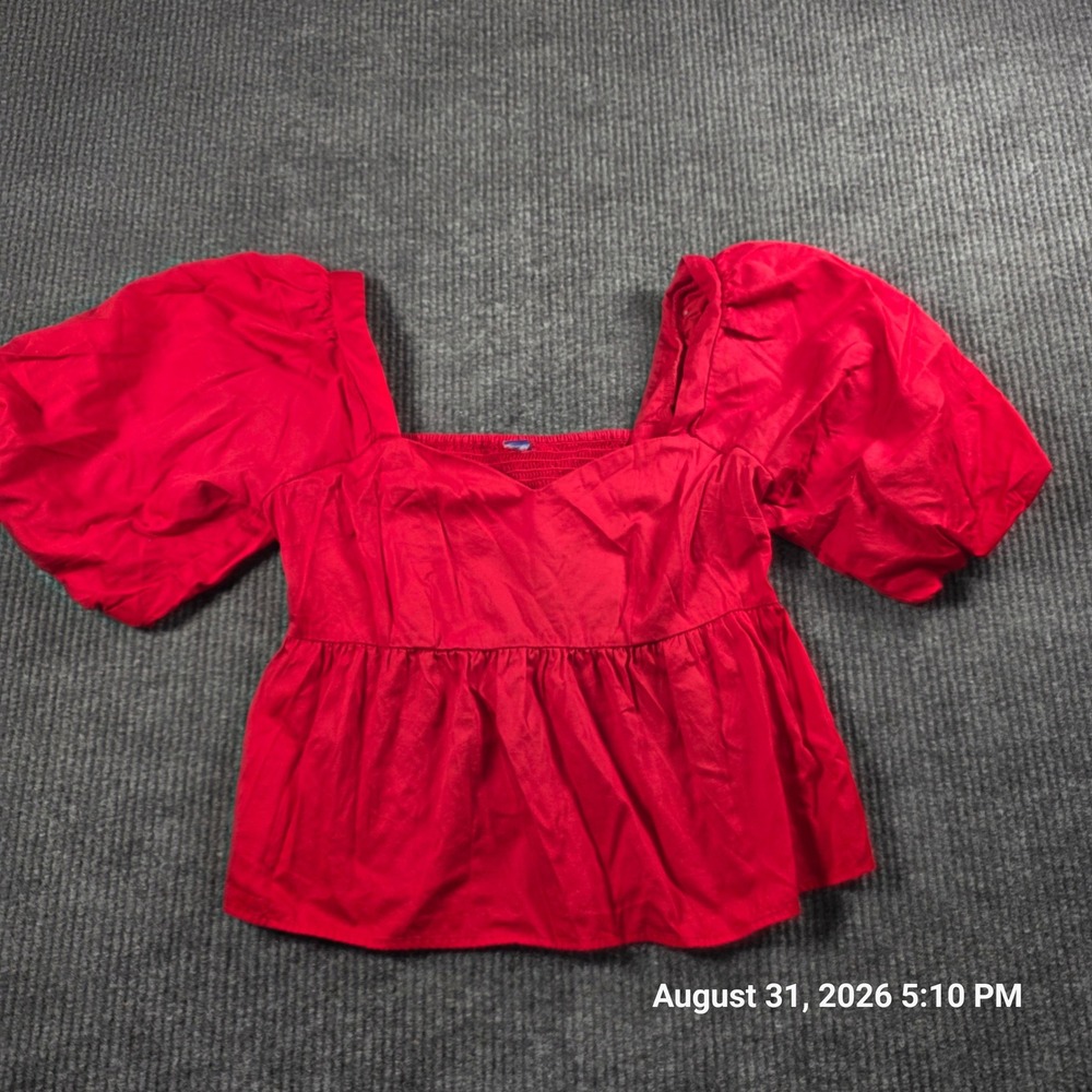 Old Navy Womens Red Puff Sleeve Smocked Back Babydoll Peplum Blouse Top Size M